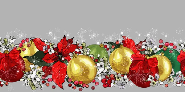 Vacker Julgräns Med Guldbollar Röda Julstjärnor Vita Blommor Oändlig Horisontell — Stock vektor