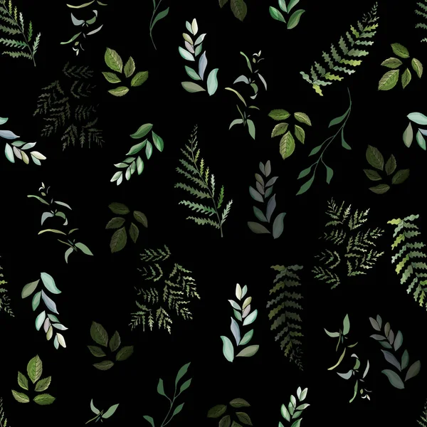 Branches Sur Fond Noir Motif Sans Couture Avec Fougère Eucalyptus — Image vectorielle