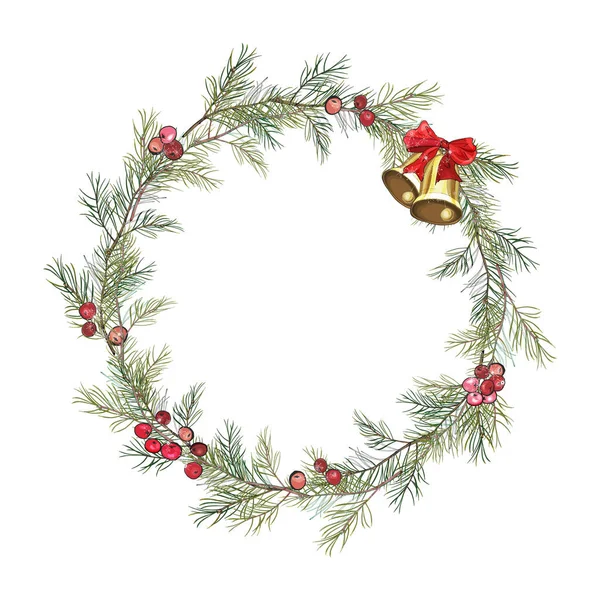 Noel ağacı dalları, böğürtlenler, altın çanlar ve beyaz üzerine kırmızı fiyonk. Festival sezonu tasarımı için dekorasyon, reklam, tebrik kartları, davetiyeler, posterler. Eski tarz. Vektör.