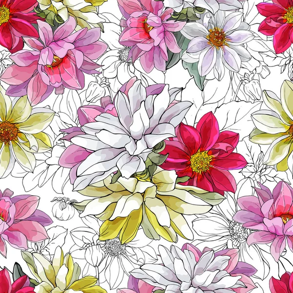 Patrón Bastante Floral Sin Costuras Con Flores Multicolores Dahlias Sobre — Archivo Imágenes Vectoriales