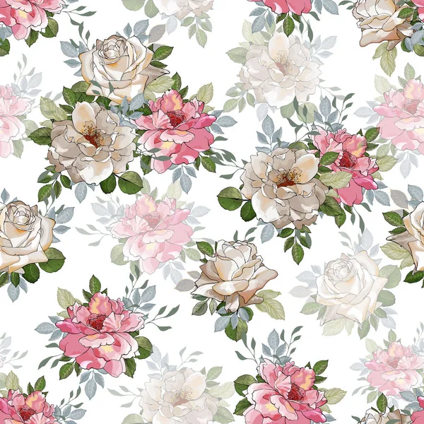 Patrón Botánico Sin Costuras Con Flores Color Crema Rosa Hojas — Archivo Imágenes Vectoriales