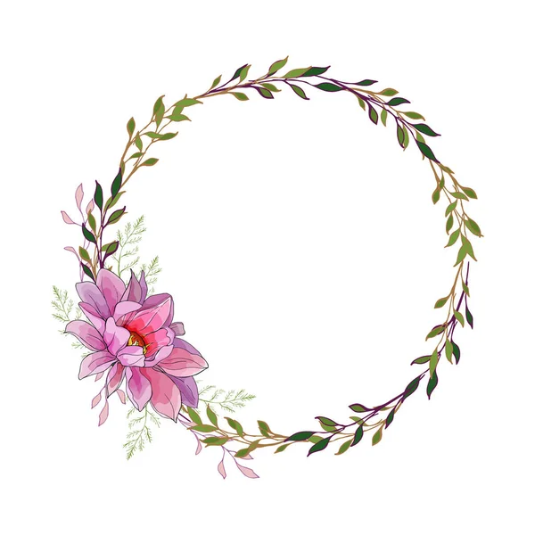 Cadre Rond Floral Fleur Lilas Dahlia Branche Verte Sur Fond — Image vectorielle