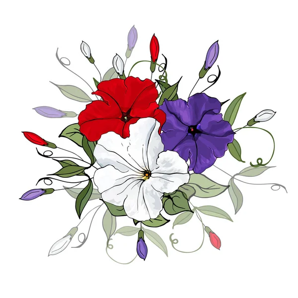 Kompozycja Kwiatowa Białymi Czerwonymi Fioletowymi Kwiatami Petunia Pąki Zielone Liście — Wektor stockowy