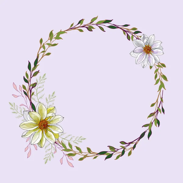 Cadre Rond Floral Fleurs Jaunes Blanches Dahlia Branche Verte Sur — Image vectorielle