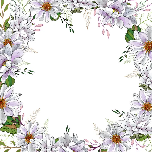 Marco Floral Flores Blancas Sobre Fondo Blanco Dalias Hojas Para — Archivo Imágenes Vectoriales