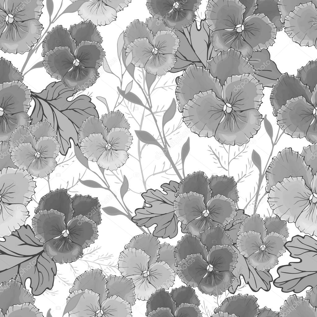 Vector seamless pattern with flowers pansies. Gray background. Black and white. Monochrome background for fashion, textile, wallpapers, greetings, web pages