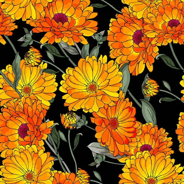 オレンジの花のカレンダーと黒の背景に緑の葉を持つ花の明るいシームレスなパターン 挨拶のために ベクトル — ストックベクタ