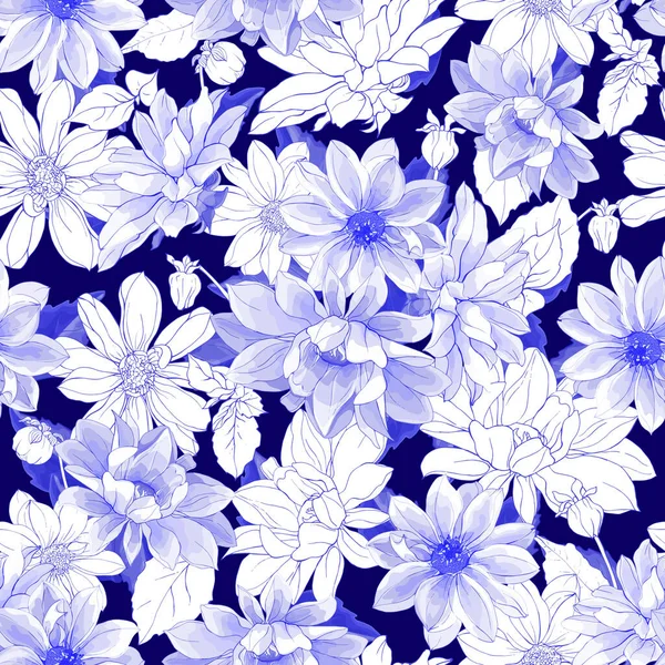 Цветочный Бесшовный Рисунок Белыми Голубыми Георгиями Темно Синем Фоне Стиль — стоковый вектор