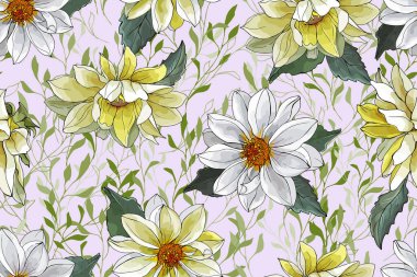 Sarı ve Beyaz Dahlias ve Açık Pembe arka planda Yeşil Yapraklı Güzel Çiçeksiz Desen. Tekstil, duvar kağıtları, baskı ve selamlama için. Vektör İllüstrasyonu.
