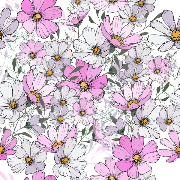 白い背景にピンクと白のコスモスの花と花のシームレスなパターン 挨拶のために ベクトル — ストックベクタ