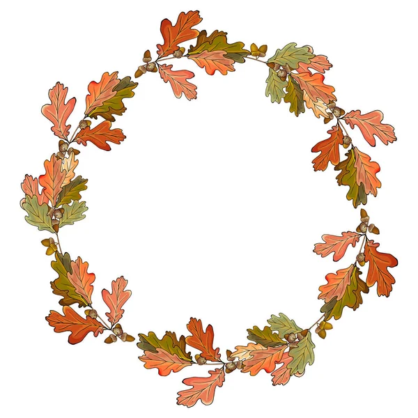 ベクトルカラフルなオークの葉とアコーンと秋の花輪 あなたのデザイン ポスター バナー グリーティングカードのラウンドフレーム スペースのコピー — ストックベクタ