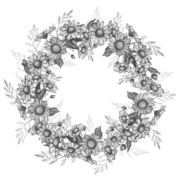 Coroa Vetor Flores Verão Branco Preto Moldura Redonda Floral Monocromática — Vetor de Stock