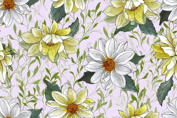 Sarı ve Beyaz Dahlias ve Açık Pembe arka planda Yeşil Yapraklı Güzel Çiçeksiz Desen. Tekstil, duvar kağıtları, baskı ve selamlama için. Vektör İllüstrasyonu.