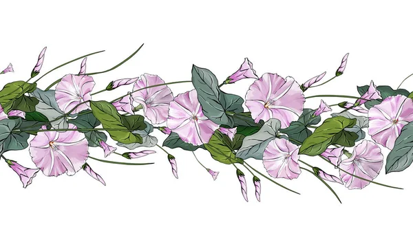 淡いピンクのビンディードと緑の葉でシームレスなパターンブラシ お祝いのデザイン ポストカード ポスター 結婚式の招待状のための水平境界 — ストックベクタ