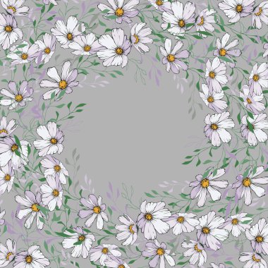 Gri arka planda beyaz kozmos çiçeği olan bir vektör çerçevesi. Düğünün, doğum günün, tarih kartın için tasarım. Tebrik kartı dekorasyonu için.