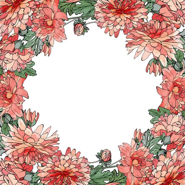 Vector Floral Frame Pink Red Flowers Frame Chrysanthemums Green Leaves — Archivo Imágenes Vectoriales