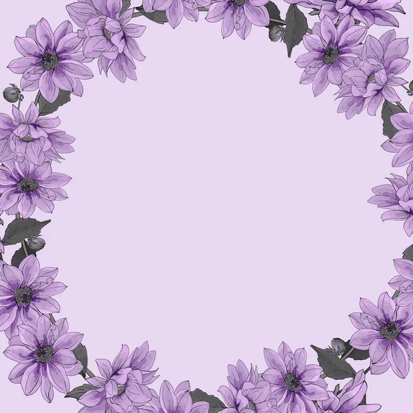 Vector Floral Frame Purple Flowers Frame Dahlias Leaves Light Violet — Stock Vector