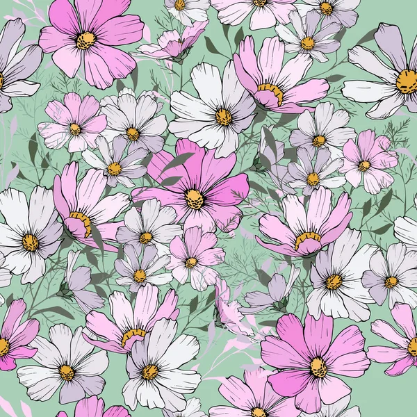 Patrón Sin Costura Floral Con Flores Cosmos Rosas Blancas Sobre — Vector de stock