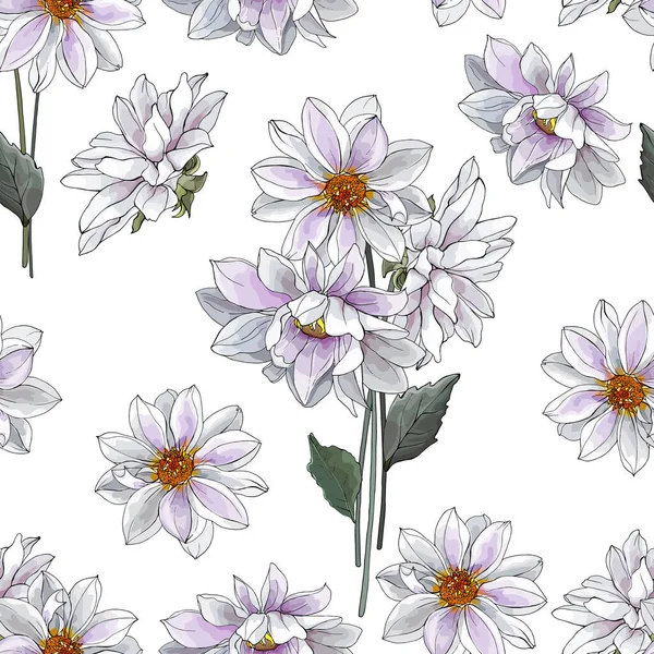Květinový Bezešvý Vzor Bílými Dahlias Bílém Pozadí Styl Akvarelu Pro — Stockový vektor