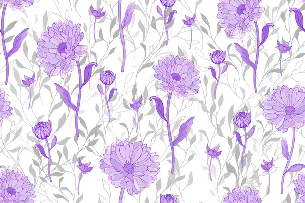 Padrão Sem Costura Floral Violeta Claro Com Calêndula Fundo Branco —  Vetores de Stock