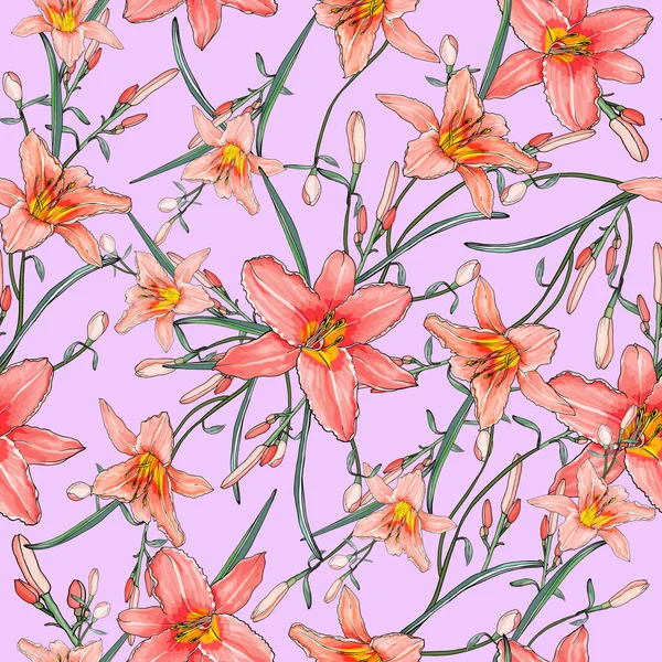 Florales Nahtloses Muster Mit Lilien Auf Fliederfarbenem Hintergrund Für Textilien — Stockvektor