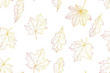Akçaağaç, meşe, kestane yapraklı vektör desenli. Taslak çizim. Ambalaj kağıdı, moda, tekstil, duvar kağıtları, selamlamalar, web sayfaları için tek renkli arkaplan.