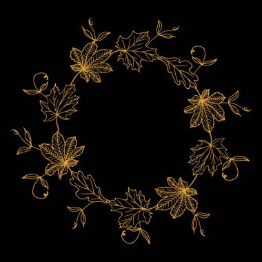 Sonbahar yapraklarının çelengi. Moda için yapraklı yuvarlak çerçeve, selamlar, tarihleri kaydetmek için arka plan. Siyah ve turuncu. Vektör.