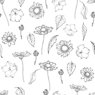 Çiçekler, papatyalar, çanlar ve yapraklarla kusursuz bir desen. Siyah ve beyaz, dış hatlar. Tasarımınız için tek renkli arkaplan.