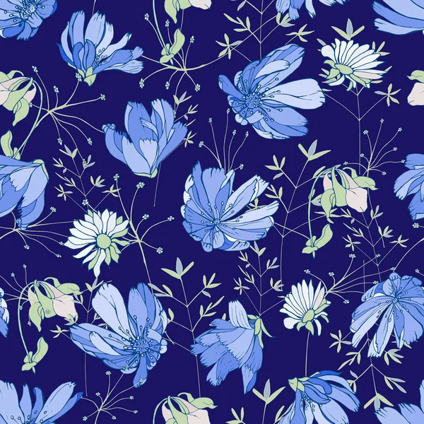 Bloemen Hand Getekend Naadloos Patroon Met Blauwe Bloemen Cichorei Kamille — Stockvector
