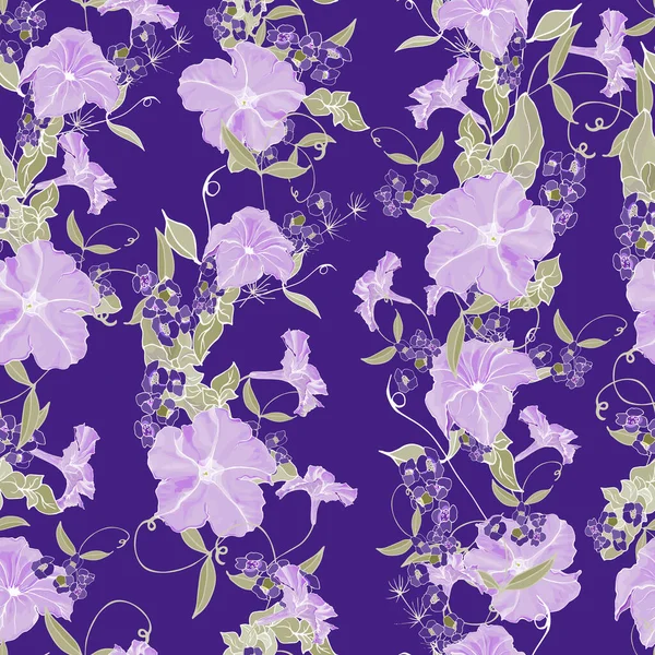 Vector Naadloze Bloemenpatroon Met Paarse Petunia Kleine Bloemen Bladeren Donker — Stockvector