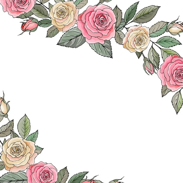 Vector Floral Σύνορα Όμορφο Ροζ Και Λευκό Τριαντάφυλλο Όλα Στοιχεία — Διανυσματικό Αρχείο