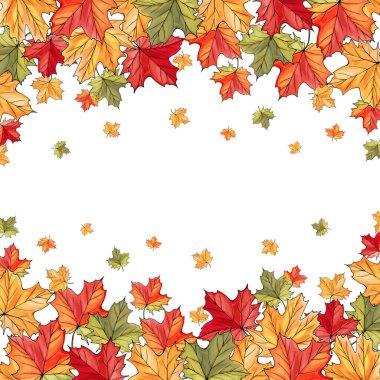 Beyaz arka planda renkli akçaağaç yaprakları olan sonbahar çerçevesi. Uzayı kopyala Tasarımın için, Şükran Günü, sonbahar satışları, tebrik kartları. Vektör stok illüstrasyonu.