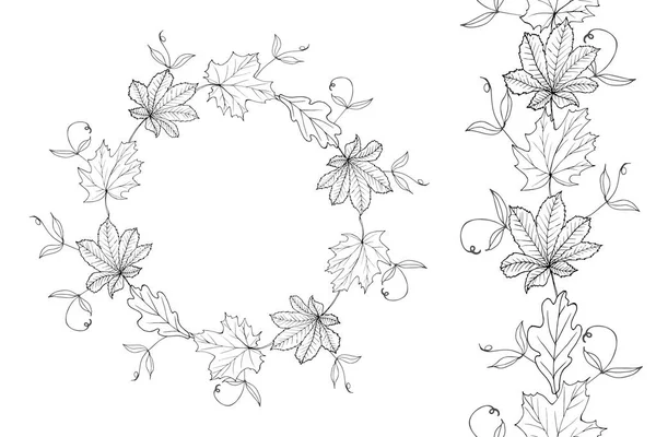 Siyah ve beyaz kontür yaprakları ve dikey, dikey, pürüzsüz kenarlar. Beyazda izole edilmiş. El çizimi. Sonbahar satışlarının tasarımı için, Şükran Günü, tebrik kartları, davetiyeler. Vektör.