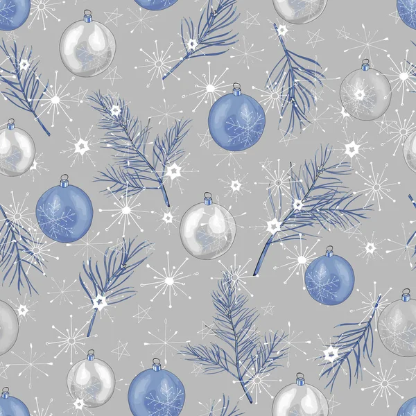 Noel Arkaplan Ağacı Dalları Kar Taneleri Gri Üzerine Gümüş Mavi — Stok Vektör