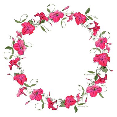 Beyaz arka plan, vektör, illüstrasyon üzerinde izole edilmiş petunya çiçekleri ile güzel çiçek çelengi