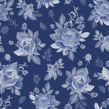 Gül çiçekleri ve yaprakları olan vektörsüz desen, tekstil için çiçek deseni