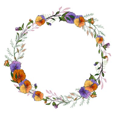 Beyaz arka plan, vektör, illüstrasyon üzerinde izole edilmiş viyola çiçekli güzel bir çelenk.