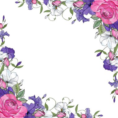 Beyaz arka planda, vektörde, resimde izole edilmiş çiçeklerle güzel bir çiçek çerçevesi.
