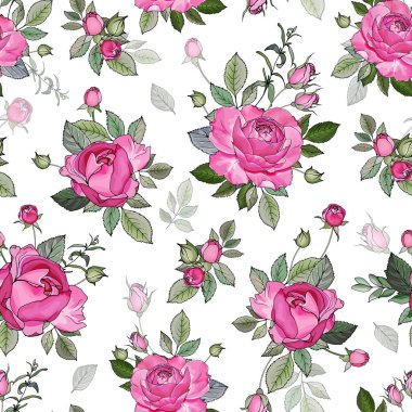 Gül çiçekleri ve yaprakları olan vektörsüz desen, tekstil için çiçek deseni