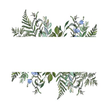 Çiçeklerle süslü çerçeve sınırı ve festival kartı tasarımı için yapraklar 