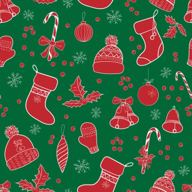 Noel eli, şenlik sezonu tasarımı için şapkalı ve çoraplı kusursuz desenler çizdi. Vektör illüstrasyonu.