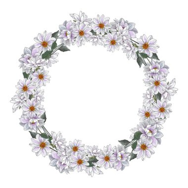 Beyaz arka plan, vektör, illüstrasyon üzerinde izole edilmiş yıldız çiçekleri ile güzel çiçek çelengi