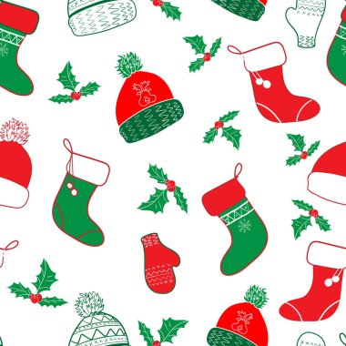 Noel eli, şenlik sezonu tasarımı için şapkalı ve çoraplı kusursuz desenler çizdi. Vektör illüstrasyonu.