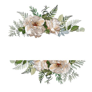 Beyaz arka plan, vektör, illüstrasyon üzerinde izole gül çiçekleri ile güzel çiçek çelengi