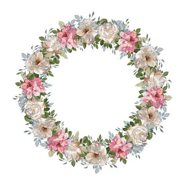 Beyaz arka plan, vektör, illüstrasyon üzerinde izole gül çiçekleri ile güzel çiçek çelengi