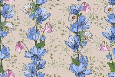 Hindiba çiçekleri ve yaprakları olan vektörsüz desen, tekstil için çiçek deseni