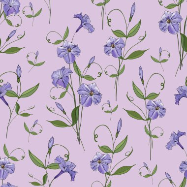 Petunya çiçekleri ve yapraklarıyla vektör deseni, tekstil için çiçek deseni