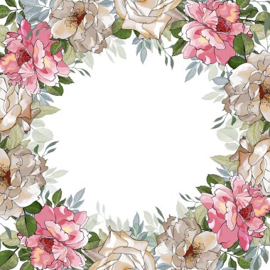 Beyaz arka planda, vektörde, resimde izole edilmiş çiçeklerle güzel bir çiçek çerçevesi.