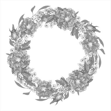 Beyaz arka planda, vektörde, resimde izole edilmiş çiçekli güzel bir çelenk.