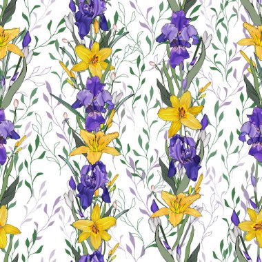 Süsen çiçekleri ve yaprakları olan vektörsüz desen, tekstil için çiçek deseni